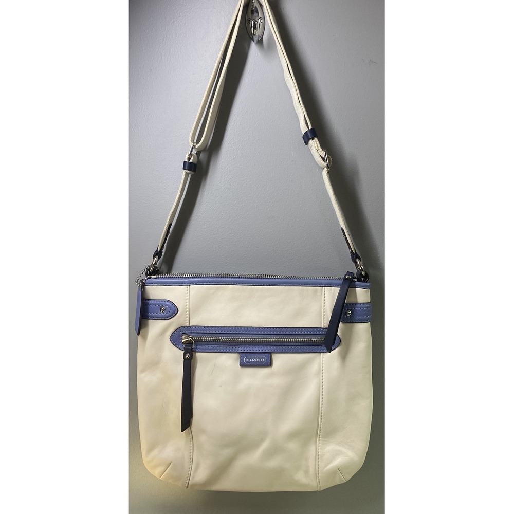 Authentic Coach Women Cream&Blue Leather Crossbody/Shoulder Bag Purse 11"x12"